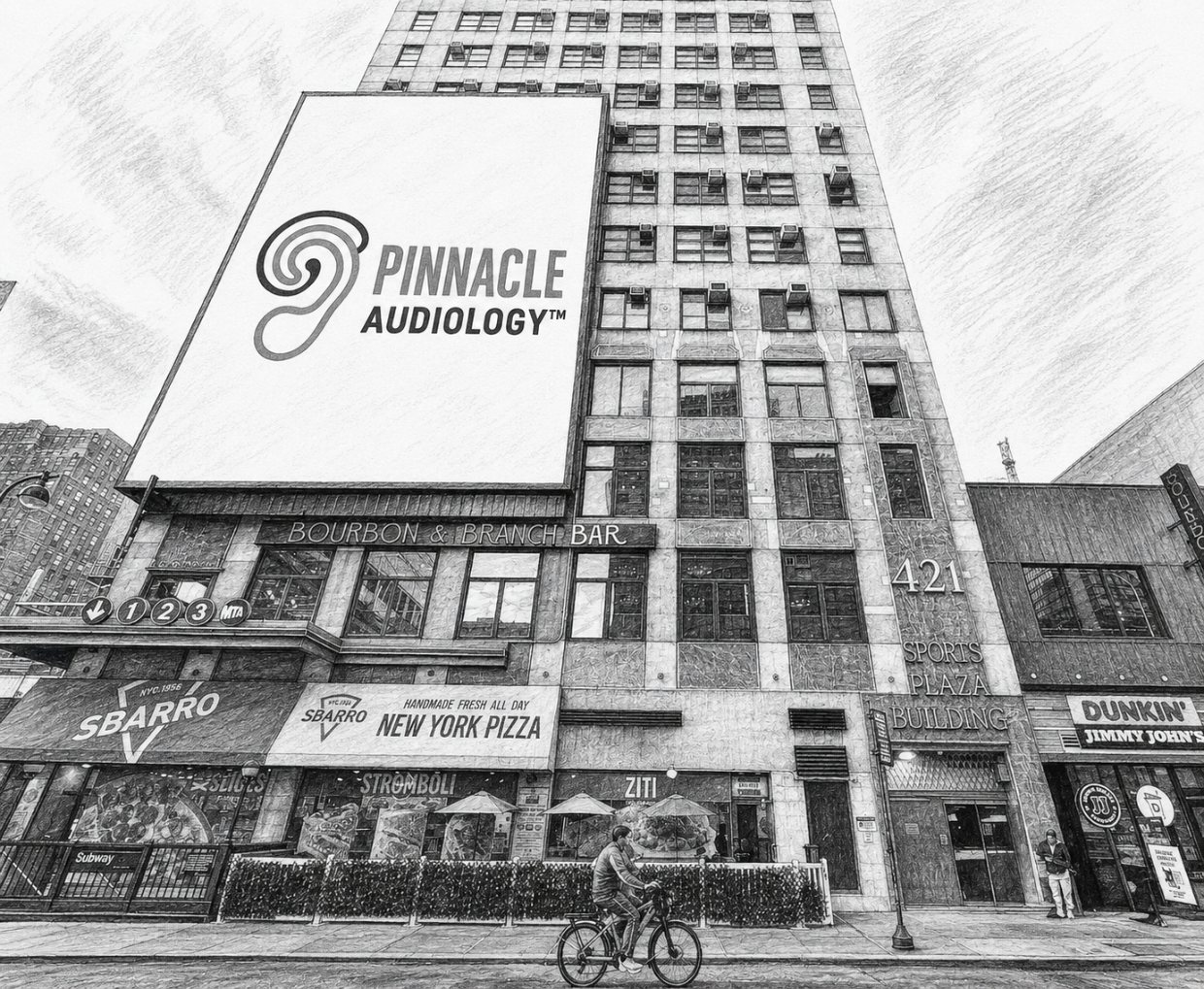 Pinnacle Audiology office building at 421 7th Avenue in Midtown Manhattan, with the Pinnacle Audiology sign above the entrance on West 33rd Street