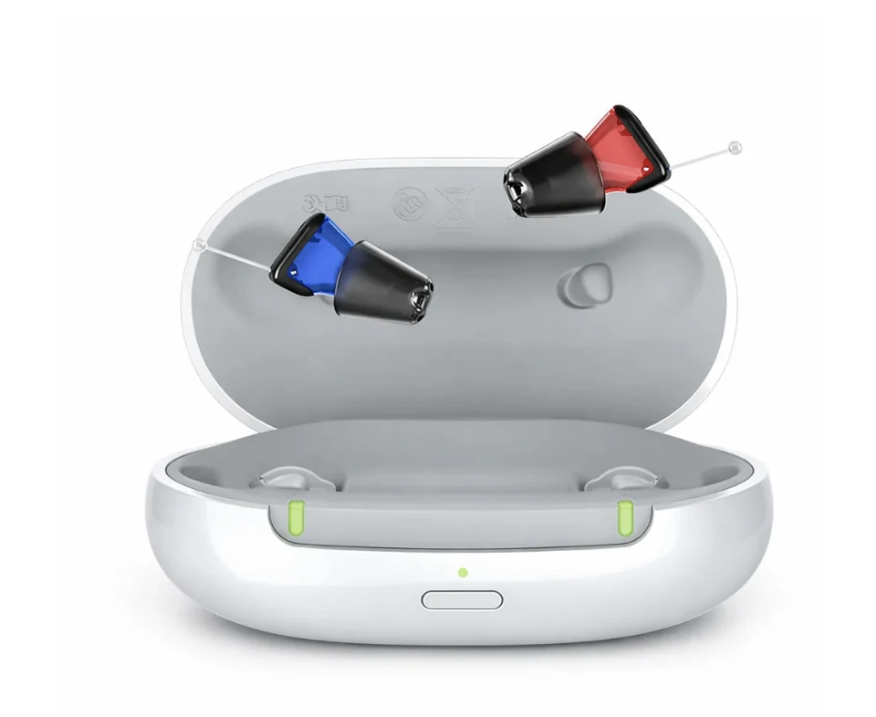 A rechargeable CROS hearing system with two devices and charging case