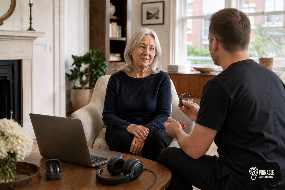 A doctor of audiology providing a calm consultation in a patient home