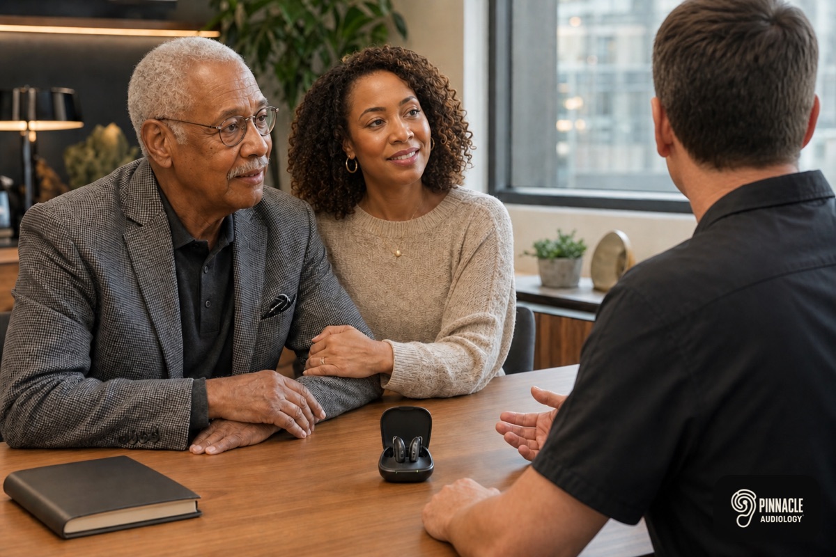 An older father and his adult daughter discussing hearing care with a clinician