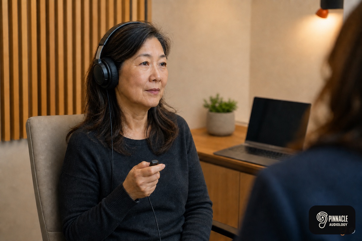 A patient completing a comprehensive hearing evaluation