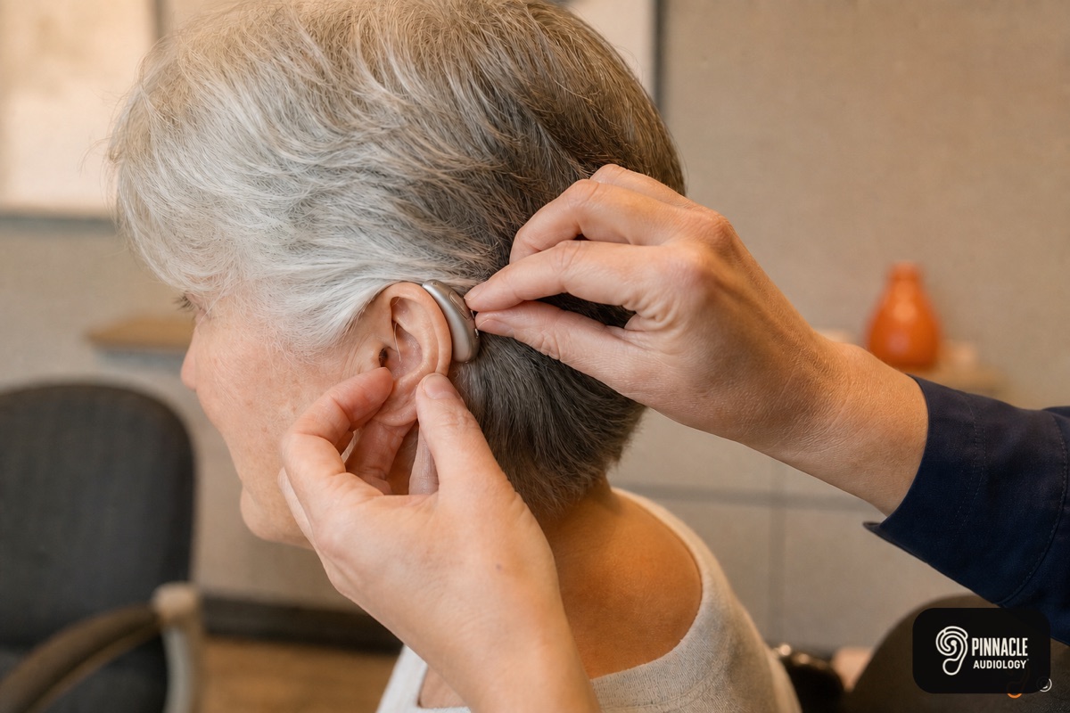 An audiologist carefully fitting a receiver-in-canal hearing aid