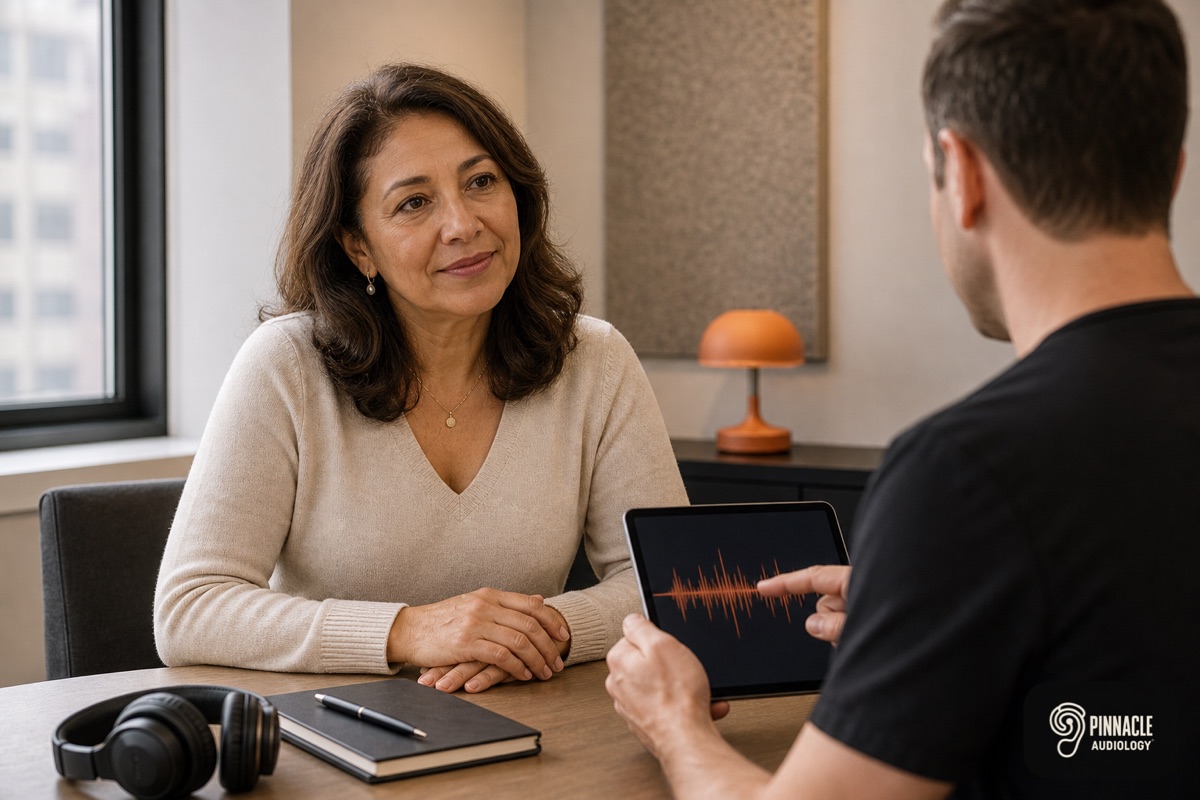 A patient discussing tinnitus with a doctor of audiology