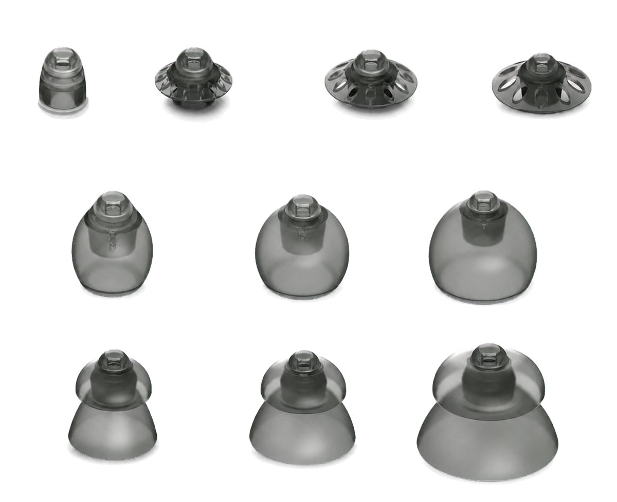 Open, closed, and power hearing-aid domes in multiple sizes