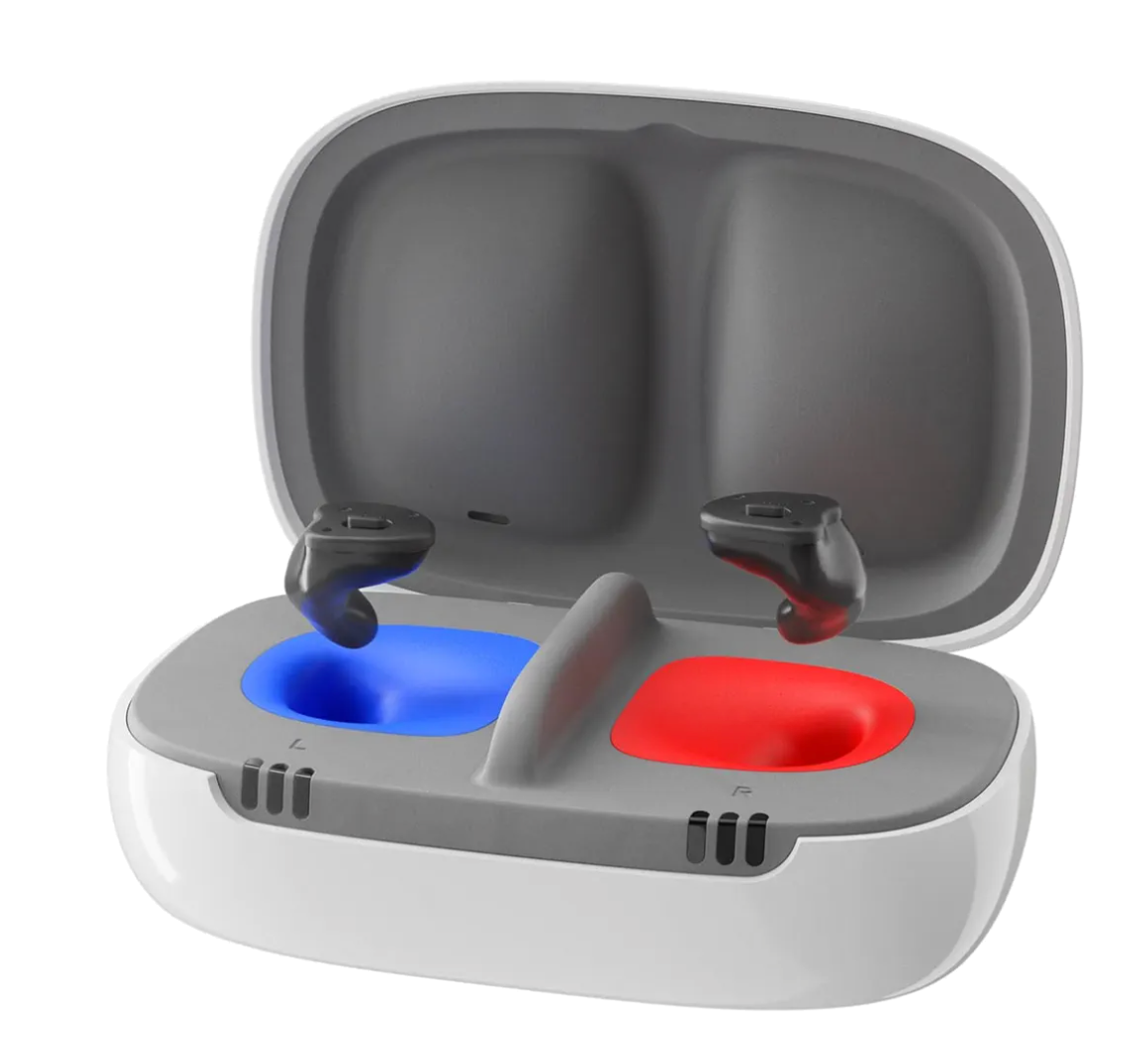 Signia Insio Charge&Go AX rechargeable custom in-canal hearing aids in red and blue with charging case