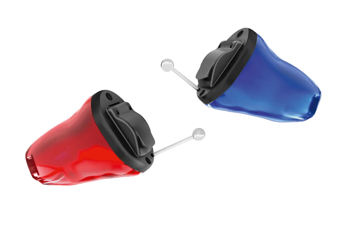 Signia Insio IX CIC battery-operated custom hearing aids in red and blue