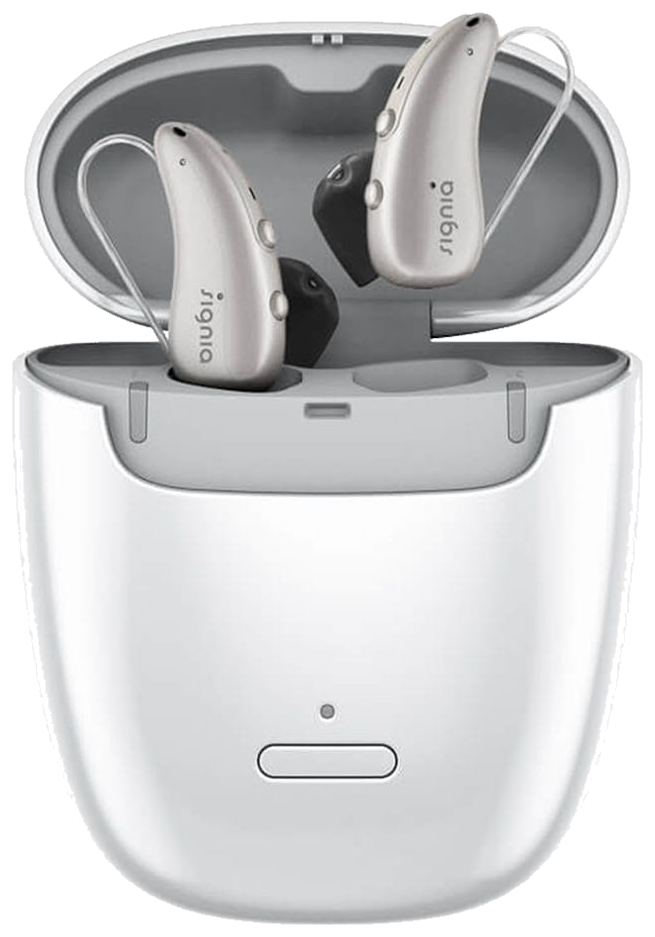 Signia Pure Charge&Go IX rechargeable hearing aids in their charging case