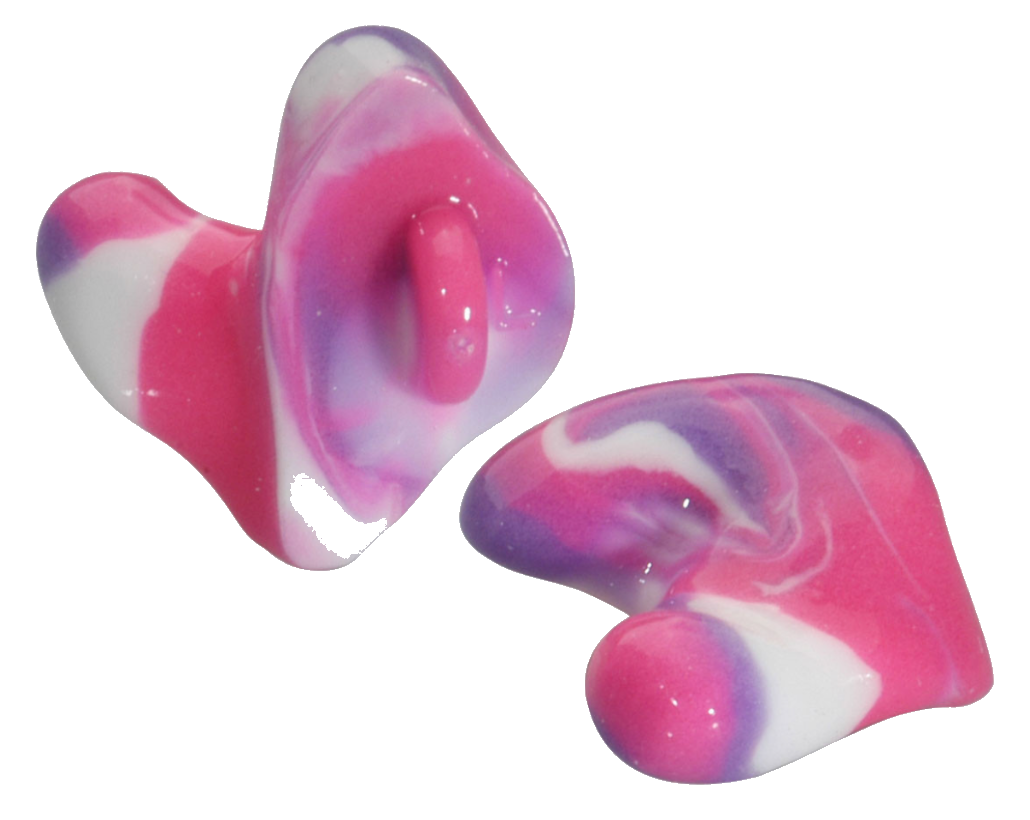 AquaNot custom swim plugs in pink and purple swirl