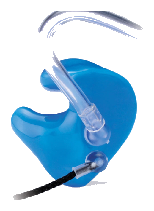 Blue custom communication earpiece with tube and cord