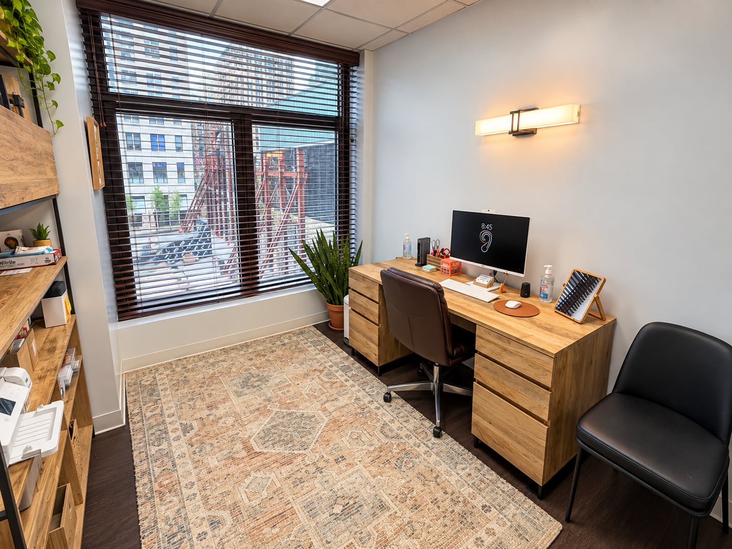 Pinnacle Audiology consultation room with a desk, patient chair and large window