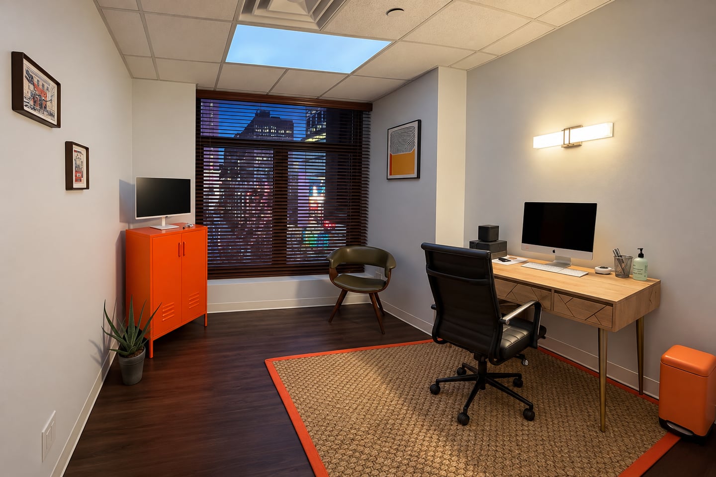 Pinnacle Audiology office with orange accents and city views at dusk