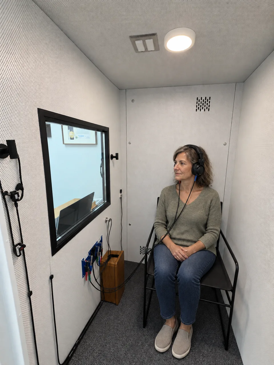 Illustrative adult patient wearing wired audiometric headphones in Pinnacle Audiology’s testing booth
