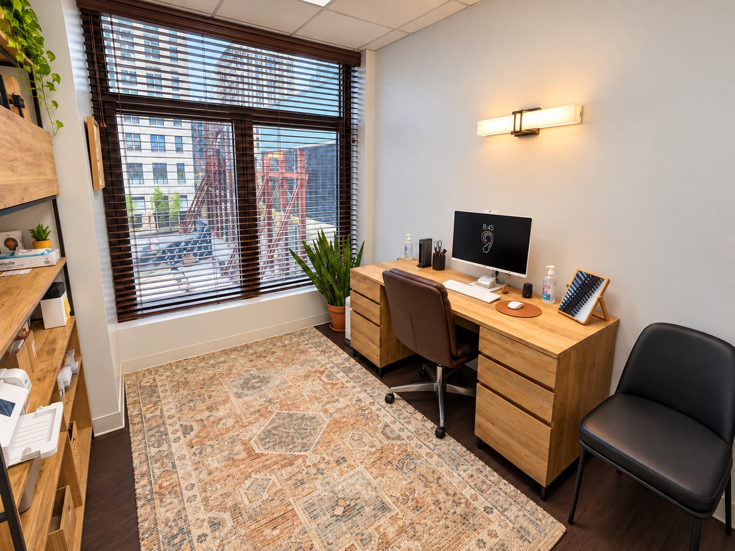 Pinnacle Audiology consultation room with a desk, patient chair and large window