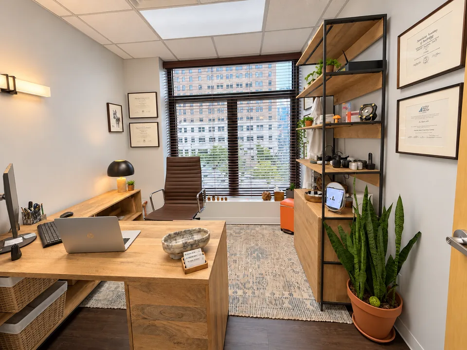 Desk, seating and a window in Pinnacle Audiology’s Midtown Manhattan office