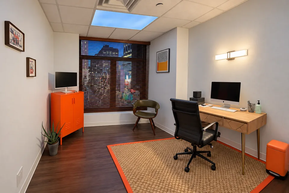 Pinnacle Audiology’s Midtown Manhattan office with orange cabinetry and city views