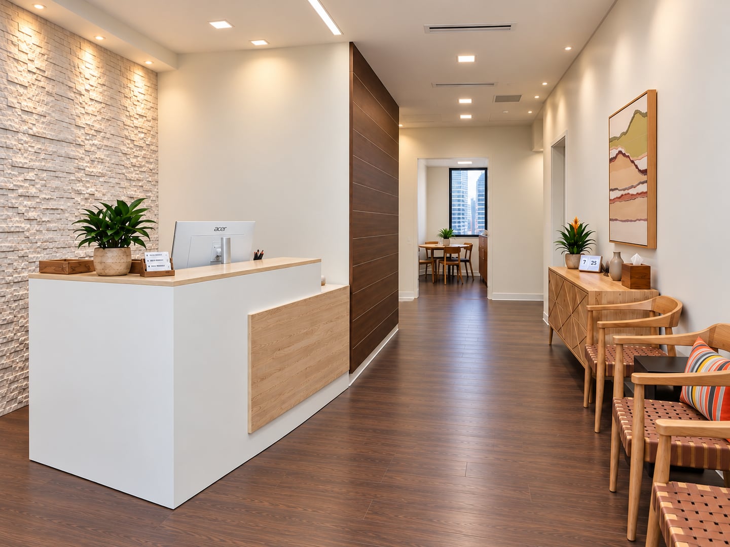 Pinnacle Audiology waiting room and reception desk in Midtown Manhattan