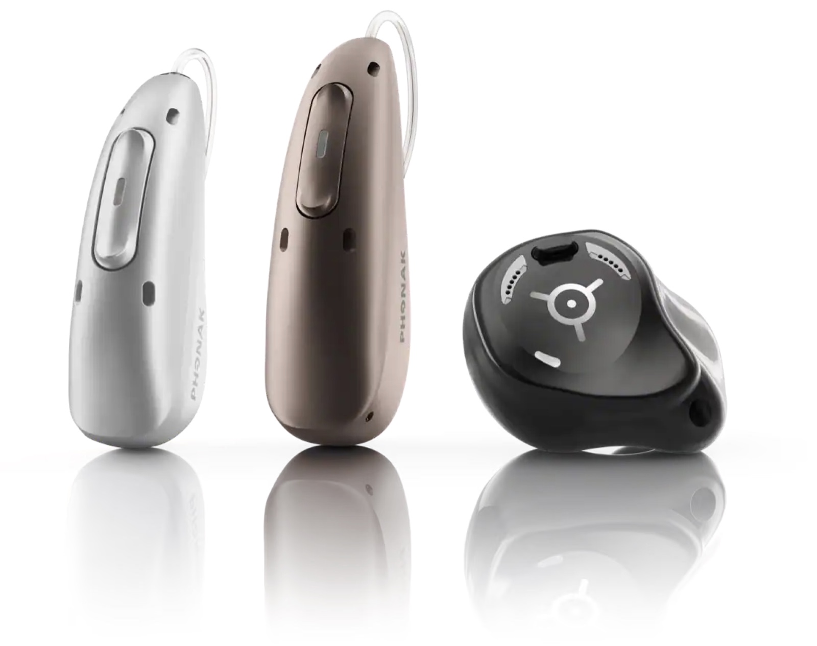 Phonak hearing aids: two RIC devices and a charging case
