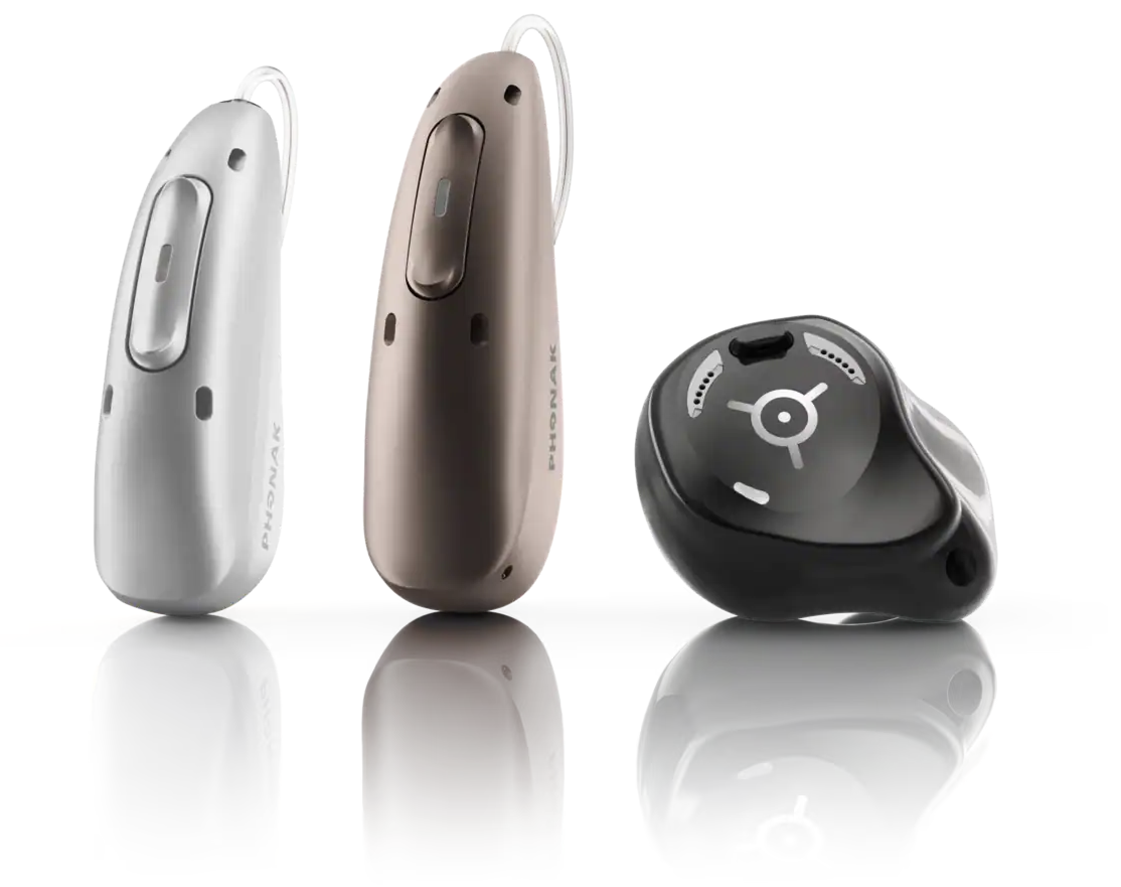 Phonak hearing aids: two RIC devices and a charging case