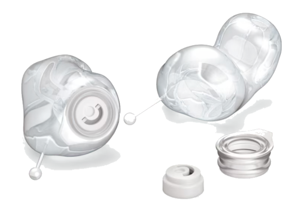 Phonak Serenity Choice custom hearing protection shown in an exploded view: marbled silicone shell, acoustic membrane filter and removable cap