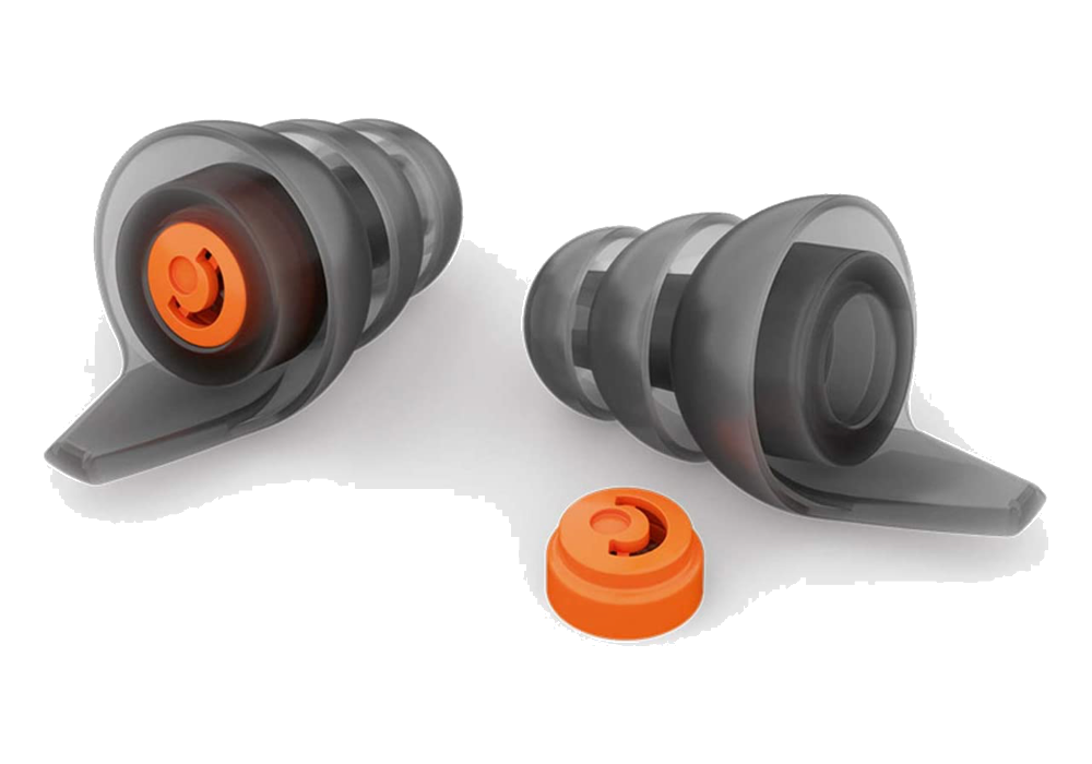 Phonak Serenity Choice universal gray earplugs with orange filters and removable filter caps