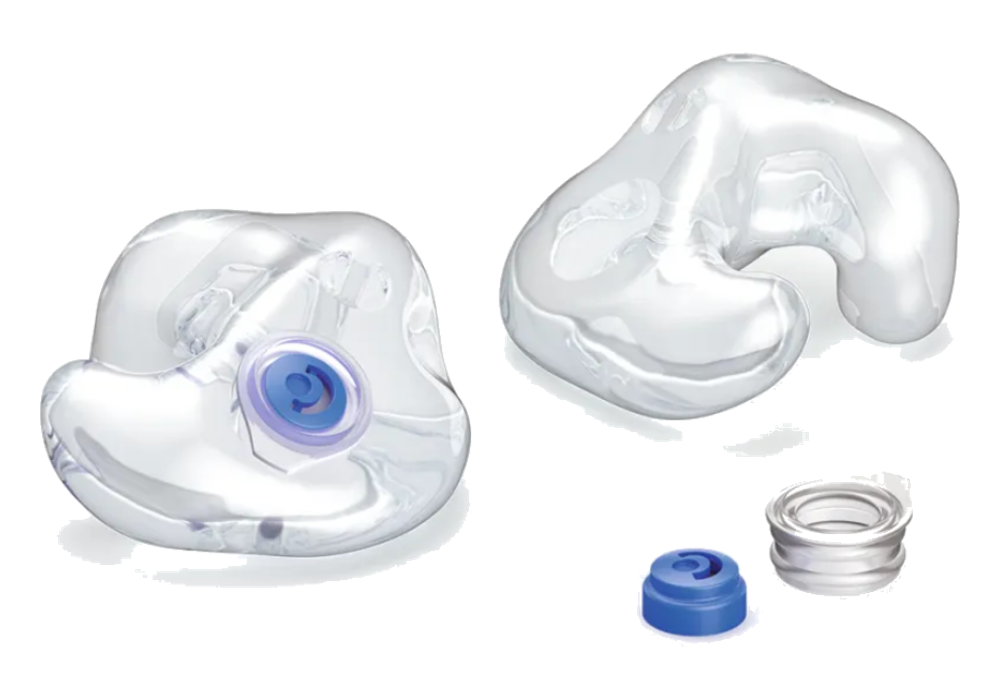 Phonak Serenity Choice Fly clear custom earplugs with blue pressure filter and cap
