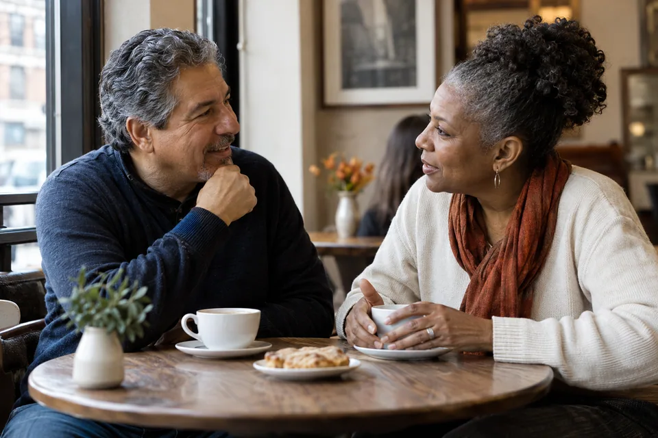 An older couple talking together over coffee in a cafe