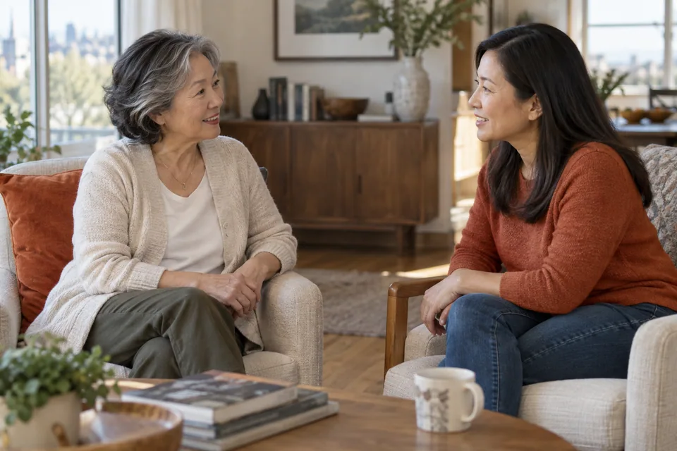 An older woman and her adult daughter talking together at home