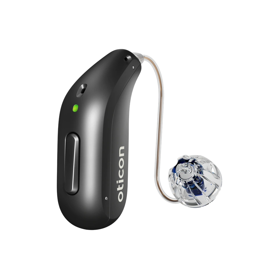 Oticon Reveal miniRITE R (black) shown in an official manufacturer image