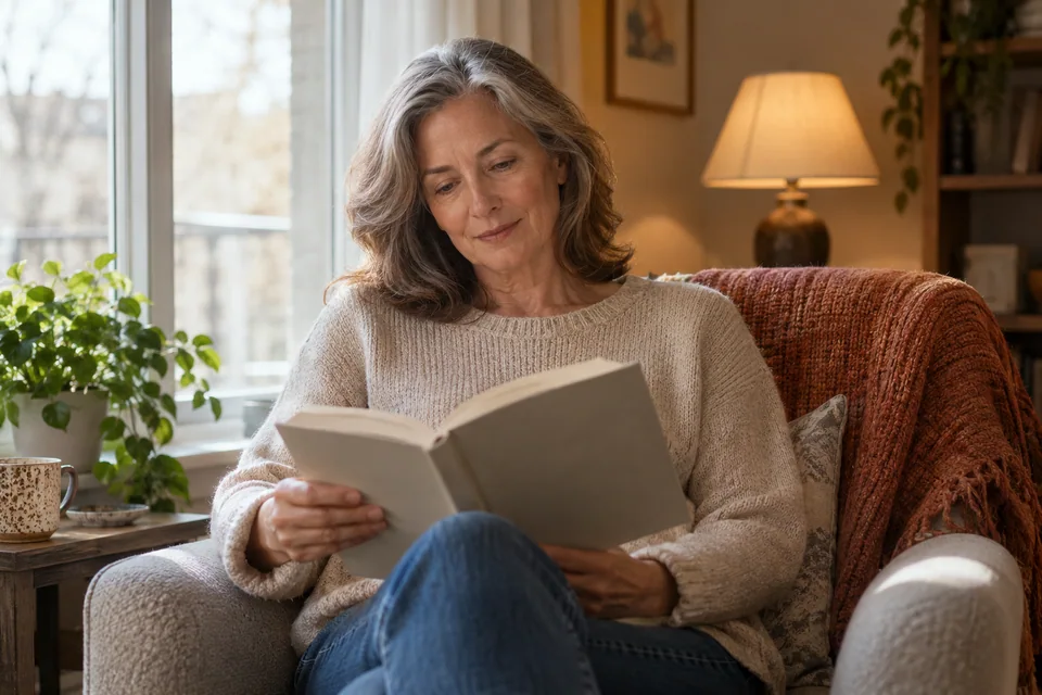 A woman reading beside a window at home