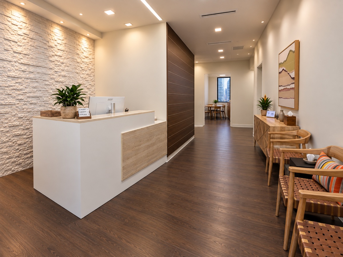 Pinnacle Audiology waiting room and reception desk in Midtown Manhattan