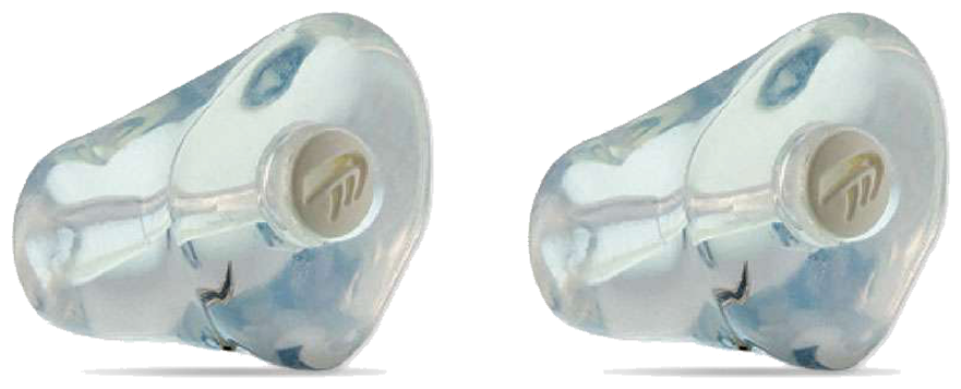 Pair of clear custom Signia musician earplugs with a tuned acoustic filter