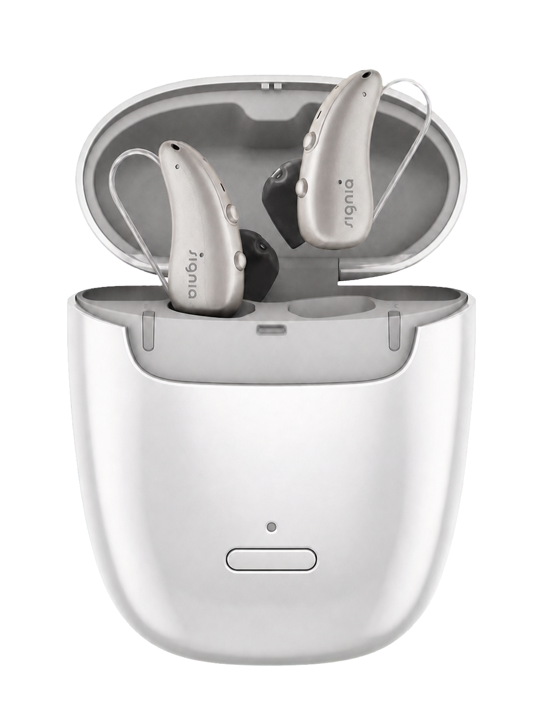 A pair of Signia rechargeable hearing aids with their charging case