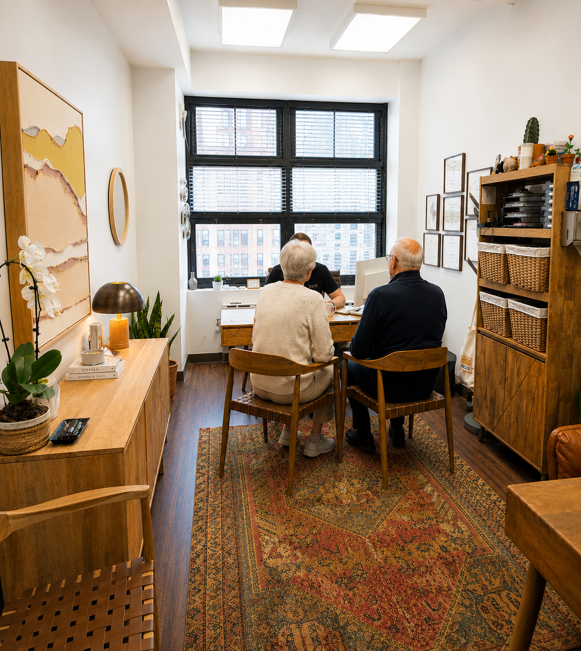 An older couple meeting with an audiologist in the Pinnacle Audiology Midtown Manhattan office