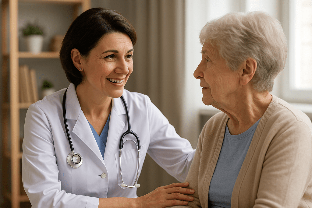 Audiologist performing a hearing assessment with an older patient to evaluate cognitive and listening concerns.