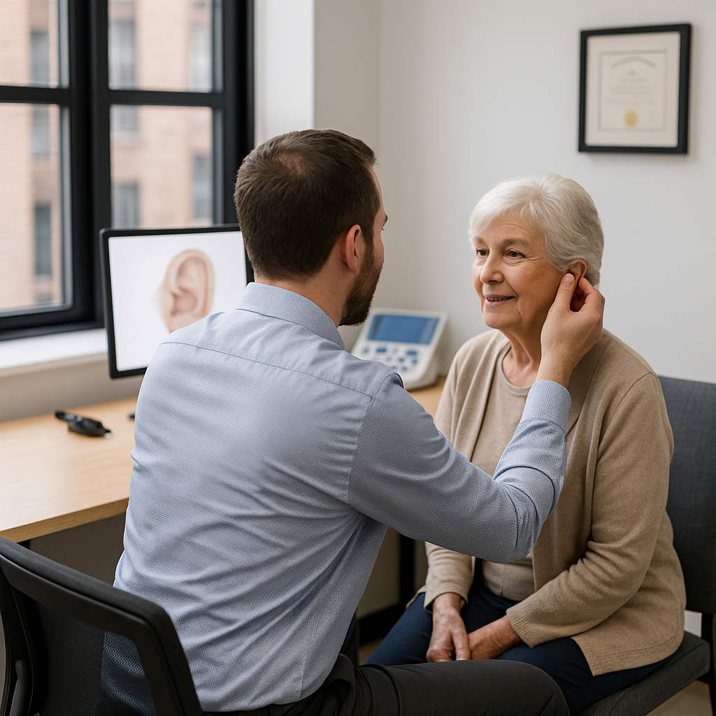 NYC audiologist performing a hearing evaluation with an older patient during a hearing aid consultation.
